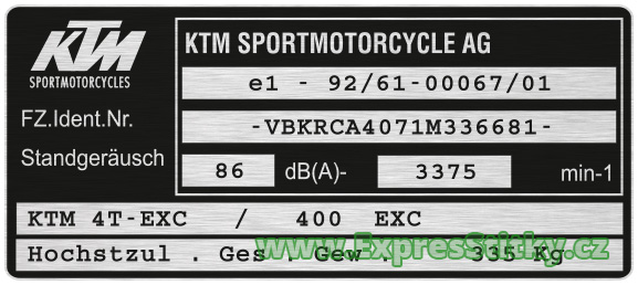 výrobní štítek KTM